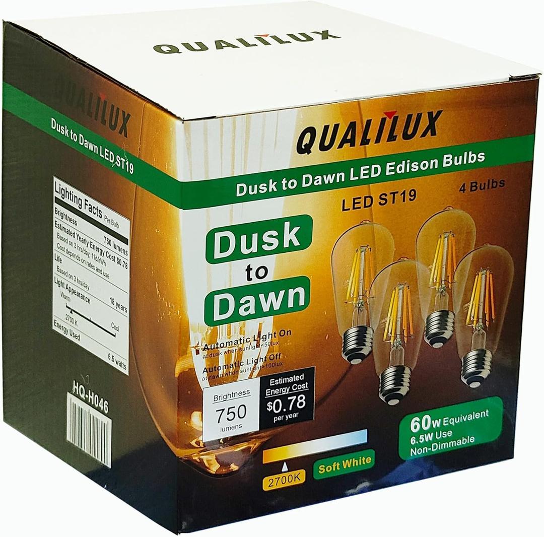 Dusk to Dawn Edison Light Bulbs ST58(ST19), Soft White 2700K, 6.5W=60W, Non-Dimmable Auto On/Off, Light Sensing LED Filament Bulb Outdoor for Porch Patio Garage Garden,750LM, E26, 4-Pack