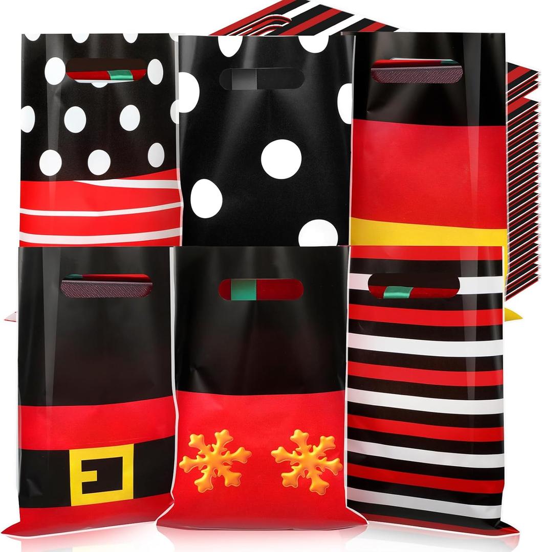 Sinmoe 200 Pcs Plastic Christmas Bags Bulk Christmas Merchandise Gift Bag with Handle 9" x 12" Reusable Xmas Goodie Treat Pouch for Candy Retail Shopping Business Party(Black Red,Mouse)