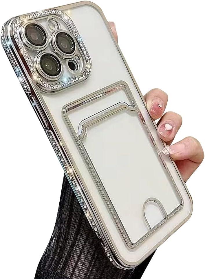 Casechics Compatible with iPhone Case,Glitter Diamond Credit Card Slot Holder Wallet Bling Sparkle Camera Lens Protection Clear Soft Shockproof Cover Phone Case (Silver,iPhone 14 Pro)