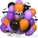 Halloween Balloons Set - 30Pcs 12 Inch Black Purple Orange Bat Balloons with Silver Ribbon for Halloween Party Decorations, Birthday Spooky Theme Supplies