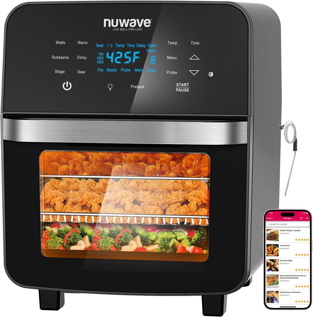 Nuwave Brio 15.5Qt 10-IN-1 Air Fryer Rotisserie Oven, XL Family Size, Even & Crisp AirFry, Reheat, Roast, Dehydrate for Quick Meals, 50-425F Control, 100 Presets & 50 Memory, Dishwasher-Safe, 1800W