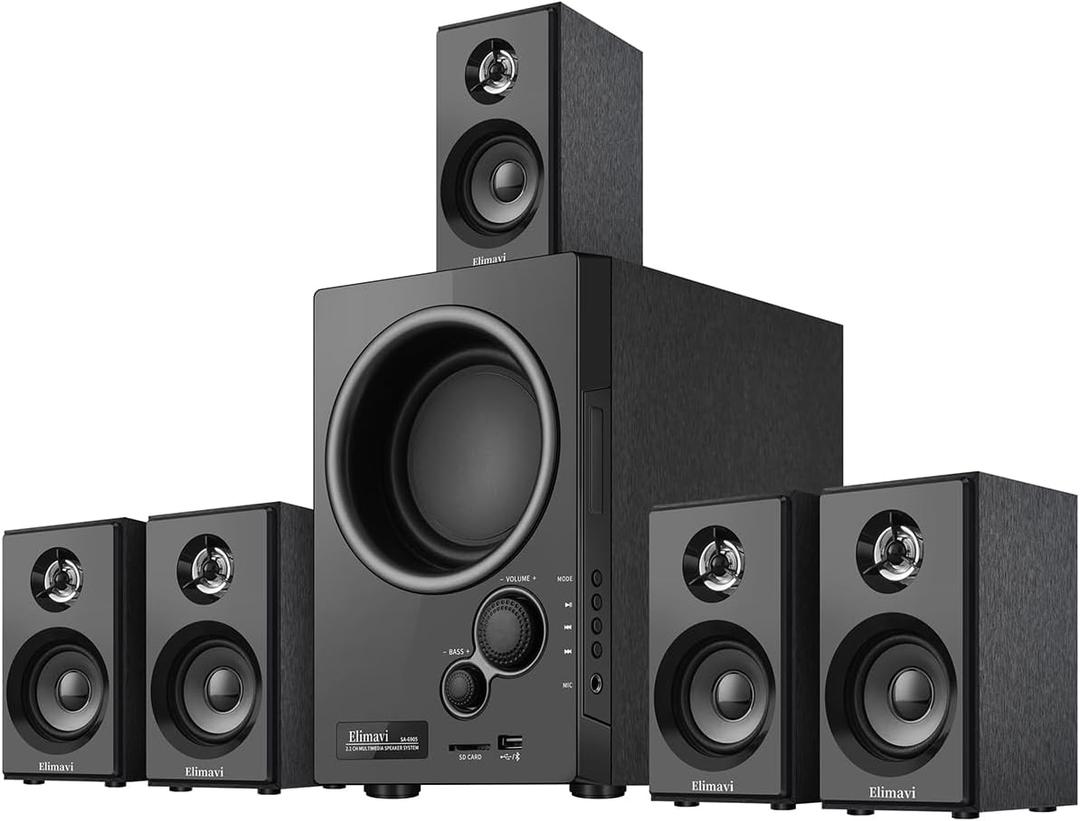 5.1 Surround Sound System with 5.5'' Subwoofer Stereo System for Home with 2.5'' Midrange Home Theater Speakers, Home Speaker System with 3.5-RCA/USB/Wireless/AUX Audio Inputs