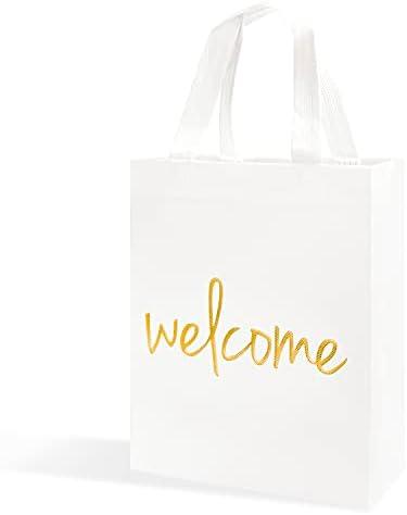 Crisky Reusable White Gold Welcome Gift Bags for Wedding Birthday Parties, 50 Counts Medium Size Eco-Friendly Non-Woven for Guests, 11 x4 x9 Inches