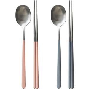 304 Stainless Steel durable Lightweight Korean-style Beautiful Cutlery Spoon and Chopsticks Set Scratch Resistant 2Pieces (Gray+Peach Pink)