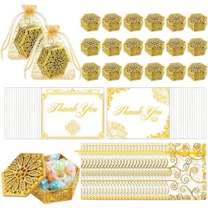 MEPIG 72 Pcs Indian Return Gifts for Pooja Bulk Hollow out Hexagon Candy Boxes with Organza Bags and Thank You Cards Golden Decorative Box for Diwali Wedding Christmas Party Return Gift (24 Set)