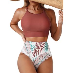 Herseas Women's Bikini Sets High Neck Tropical Leaf Print High Waisted Two Pieces Swimsuits Bathing Suits. L Size