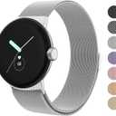 Amzpas Metal Band Compatible with Google Pixel Watch Bands for Women Men, Stainless Steel Mesh Loop Adjustable Wristband Replacement Strap for Google Pixel Watch 1/2 / 3 41mm Band (Silver)