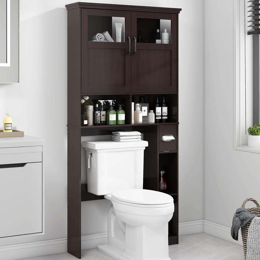 Over The Toilet Storage Cabinet, Storage Cabinet Over Toilet with Double Doors & Toilet Paper Holder Stand, Freestanding Toilet Shelf Space Saver with Anti-Tip Design & Adjustable Shelf, Espresso, W33.03'', 8.31"D x 33.03"W x 66.93"H