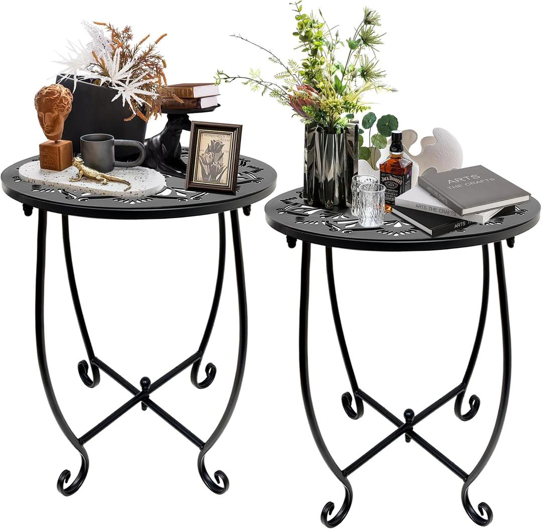 Fashion&cool 2 Pack Outdoor Side Tables for Patio,14 Inch Weather Resistant Metal Round Outdoor Plant Stand Side Table, for Patio Yard Porch Balcony Garden Bedside Indoor Outdoor