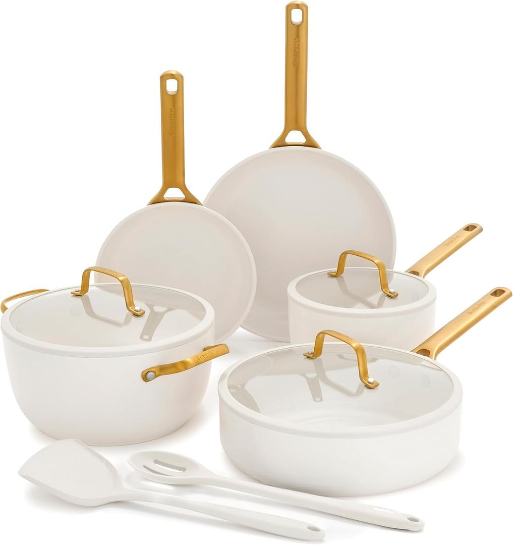 GreenPan Nonstick Reserve Pro 10 Piece Cookware Set, NSF Certified Ceramic, Hard Anodized PFAS-Free Pots & Pans Set with Lids, Stainless Steel Handles, Oven & Dishwasher Safe, Cream White