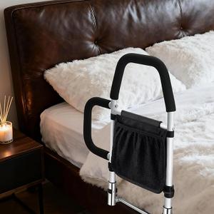 Bed Rails for Elderly Adults Safety, Bed Assist Rail with 2 Grab Bars & Storage Pocket, Fall Prevention Guard Fits Queen, King, Full, Twin, Support Up to 350lbs