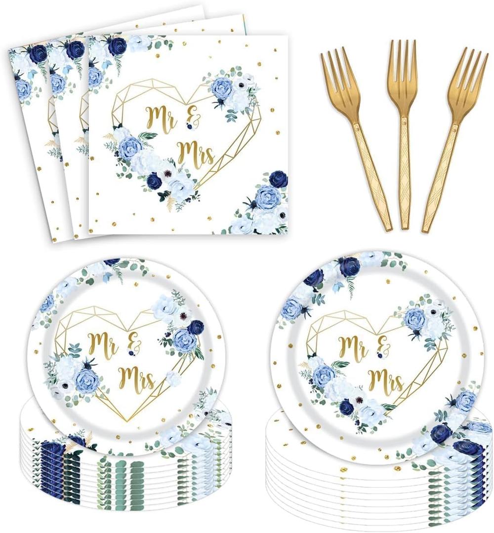 24 Guests Mr and Mrs Bridal Shower Party Supplies, Blue and White Flowers Hearts Geometric Party Plates Napkins Forks Set for Couple Wedding Bride to Be Engagement Party Decorations
