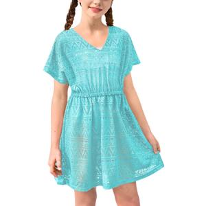 BesserBay Summer Swim Cover Up Crochet V Neck Short Sleeve Beach Swimwear Kids Hollow Out Swimsuit Blue Size 9-10 Years