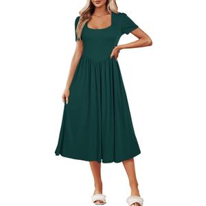 Newshows Women's Summer Square Neck Ribbed Knit Short/Long Sleeve A Line Flowy Midi Dress with Pockets, S
