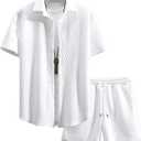 Wyeysyt Mens Summer Outfits 2 Piece Waffle Button Down Beach Vacation Shirt Top and Shorts Set, White, Large