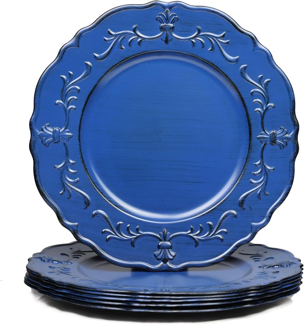 Spsyrine Antique Royal Blue Charger Plate, 13" Embossed Plastic Table Plate Chargers for Dinner, Set of 6 Elegant Decorations for Wedding, Dining, Party Events.