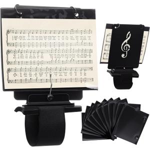 Flute Lyre Flip Folder for Marching Band, 12 Pcs Waterproof 7.5 x 6.5 inches Double Sided Flip Folio Folder Pages with 2 Holes Adjustable Sheet Music Stand Holder for Clarinet Trumpet (Black)