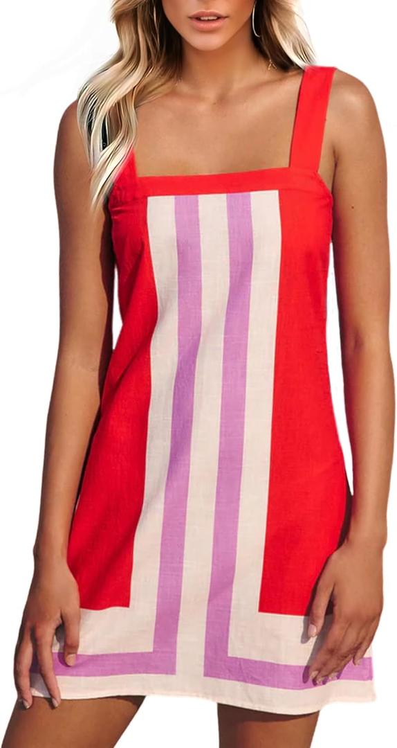 Ailoqing 2026 Women Boho Floral Mini Dress Summer Casual Color Block Beach Overall Striped Dress Coverups, Large