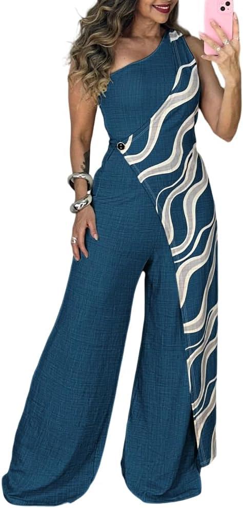 CHICME Jumpsuits for Women Dressy 2026 One Shoulder Printed Wide Leg Romper Casual Vacation Summer Outfits with Pockets (Blue, XL)