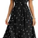 Summer Dresses for Women 2026 Floral Chiffon Dress Casual Short Sleeve Empire Waist Midi Dress Beach Vacation Outfits (Black, M)