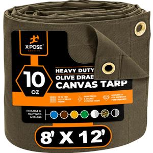 Xpose Safety Canvas Tarp - 10oz Olive Drab Canvas Tarps Heavy Duty Water Resistant with Brass Grommets- Multipurpose Outdoor Tarpaulin for Camping, Canopy, Trailer, Equipment Cover 8' x 12'