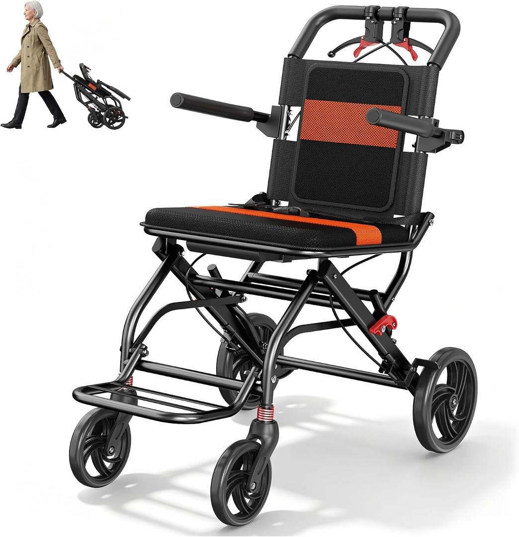 Transport Wheelchair Lightweight Foldable with Telescopic Handle, Portable Folding Wheelchair with Hand Brakes, Compact Travel Wheelchair for Adults & Seniors, Easy Storage,Only 22LBS (Orange)