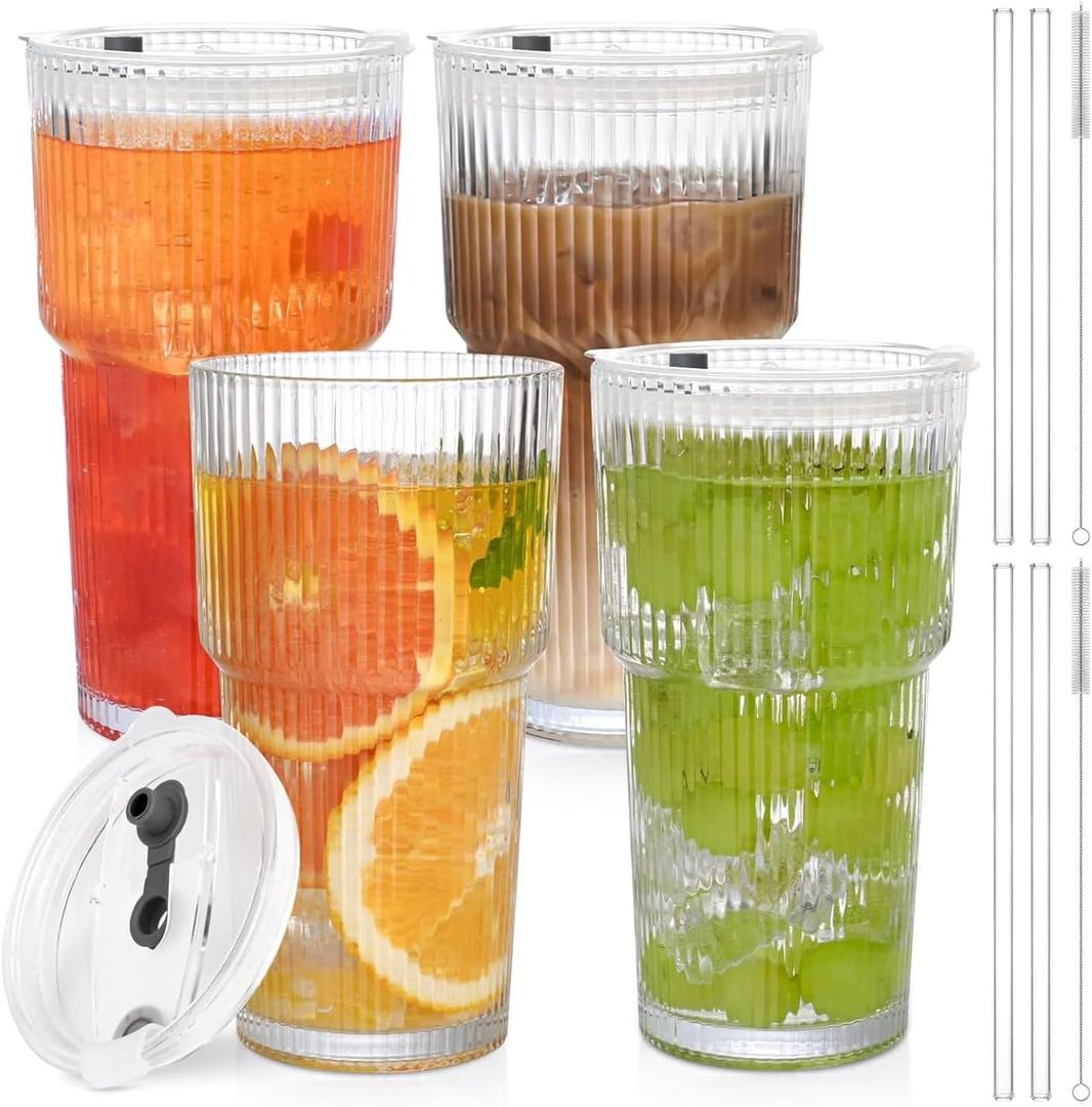 20oz Glass Cups with Lids and Straws,4PCS Ribbed Glass Tumbler with Straw and Lid,Reusable Iced Coffee Cups Drinking Glasses for Juice Whiskey Cocktail (EXP 07/14/26)