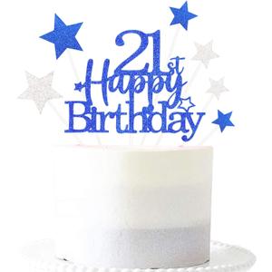 2 x Glittery 21st Happy Birthday Cake Topper with Star,Personalised 21 Birthday Cake Toppers Party Decorations Party Supplies for Boys Girls Blue