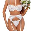 Avidlove Lingerie For Women Sexy Bra And Panty Sets With Garter Belt 3 Piece Underwire Lingeries Set Babydoll Bodysuit White XXL