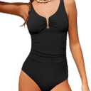 Girls Swimsuit Ruched V Neck One Piece Bathing Suit with Adjustable Straps Solid Color Girls' Swimwear, (11-12 Years, Black)