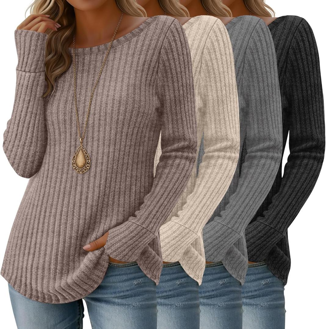 4 Pack Women's Long Sleeve Shirts Boat Neck Ribbed Knit Sweaters with Thumb Holes Loose Fit Casual Tops (Large, Coffee, Cream, Gray, Black)