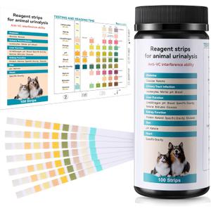 100 x Pet Urine Testing Strips, 10 in 1 UTI Test Kit for Cat & Dog, Multi-Parameter Urinalysis Reagent Strips: Leukocytes, Urobilinogen, Protein, Ph, Blood, Ketone, Bilirubin, Glucose & More
