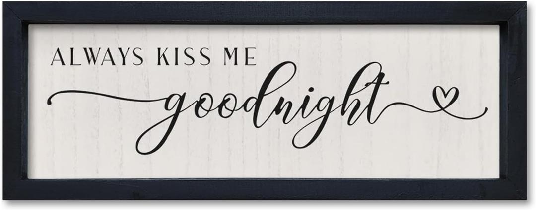 Comurdyo Love Theme Always Kiss Me Goodnight Sign 16"6" Romantic Couple Small Wood Frame for Framed Modern Farmhouse Master Bedroom Above bed Plaque Horizontal Wall Art Decor (Black)