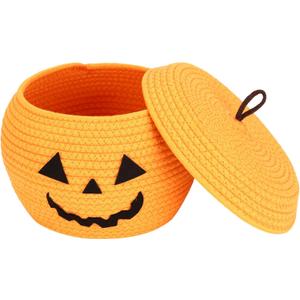 Sea Team Round Cotton Rope Storage Basket with Lid, Halloween Pumpkin Woven Storage Bin, Pot, Caddy, Organizer, Container for Snacks, Towels, Plants, 10 x 7.5 Inches (Small, Orange)