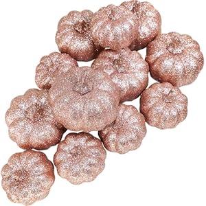 Winlyn 12 Pcs Rose Gold Glitter Artificial Pumpkins Small Decorative Pumpkins Fall Harvest Pumpkins Foam Pumpkins for Autumn Wedding Baby Shower Thanksgiving Halloween Holiday Party Mantel Table Décor