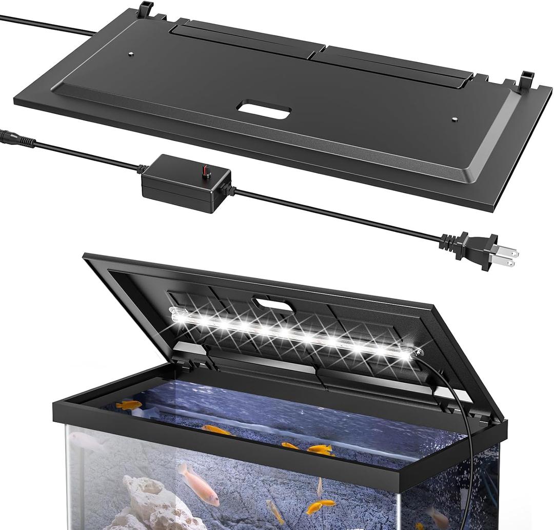 LED Aquarium Hood, Fish Tank Cover with Adjustable Brightness White Tube Light, Replaceable Full-Length Bulb, Fits 24-Inch Framed Aquariums, Black