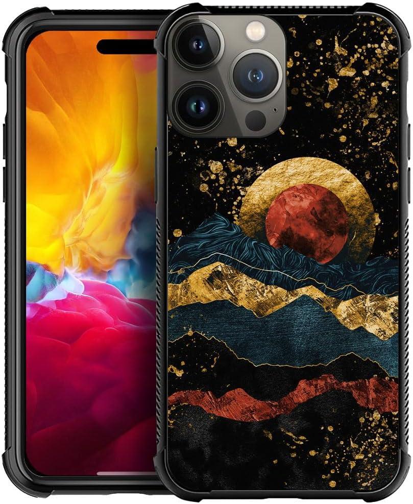 DJSOK Compatible with iPhone 15 Pro CaseDesign Pattern Back Bumper Anti Scratch Reinforced Corners Soft TPU Caver,Cases for Men Women-Luxury Golden Natural Mountain Sun and Moon