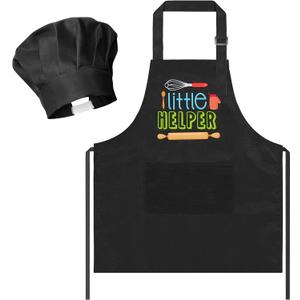 R HORSE 2Pcs Kid Apron and Chef Hat Set Adjustable Children Black Kitchen Apron Dress up Role Play Chef Toy Cooking Baking Painting and Training Kits Kid Funny Cooking Gift Birthday Gift for Kids