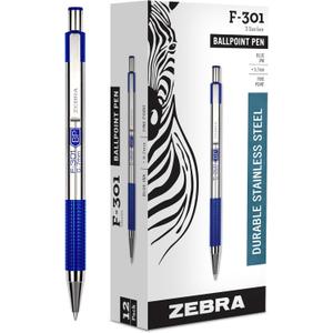 Zebra Pen F-301 Ballpoint Blue Ink Fine Point 0.7mm Pen, Easy-Glide Ink, Stainless Steel Retractable, Non-Slip Grip, Professional Design, Ideal for Office, Journal and Planner Use, 12-Pack (27120)