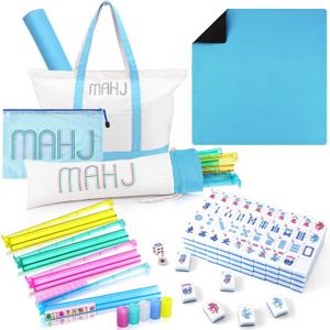Ceenna American Mahjong Set with Carrying Bag 166 Tiles 4 All-in-one Color Rack Pushers Game Table Mat Plastic Mahjong Coins Complete Ma Jong Game Set(Blue)