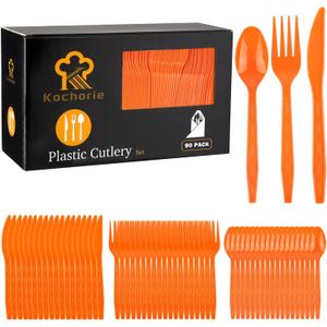 Kochorie 90 Pieces Thanksgiving Plastic Cutlery Set Disposable Orange Plastic Utensils Heavy Duty Flatware Set Includes 30 Knives 30 Forks 30 Spoons for Thanksgiving Party Wedding Birthday