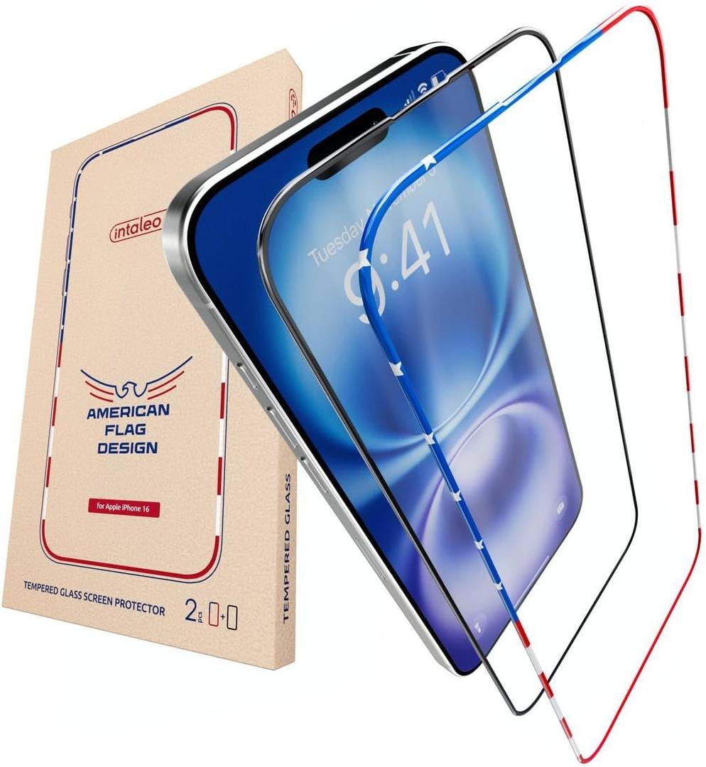 2 x Screen Protector for IPhone 15/16- Tempered Glass Screen Protector for IPhone 16/15 with Frame US FLag Color and Black - Full Screen Coverage 9H - Easy Installation (2 Pack)