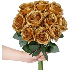 LFF 10Pcs Metallic Gold Roses Artificial Flowers, Faux Silk Roses with 21.2" Long Stems & 2.36" Large Blooms, Lifelike Fake Roses for DIY Wedding Bouquet Home Party Vase Filler Table Centerpiece Decor