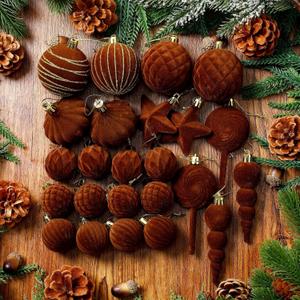 24 Pcs Small Brown Velvet Christmas Ornaments Ball Set Shatterproof Christmas Tree Decorations Assorted Flocked Xmas Baubles Decorations Xmas Holiday Party Wedding Decor