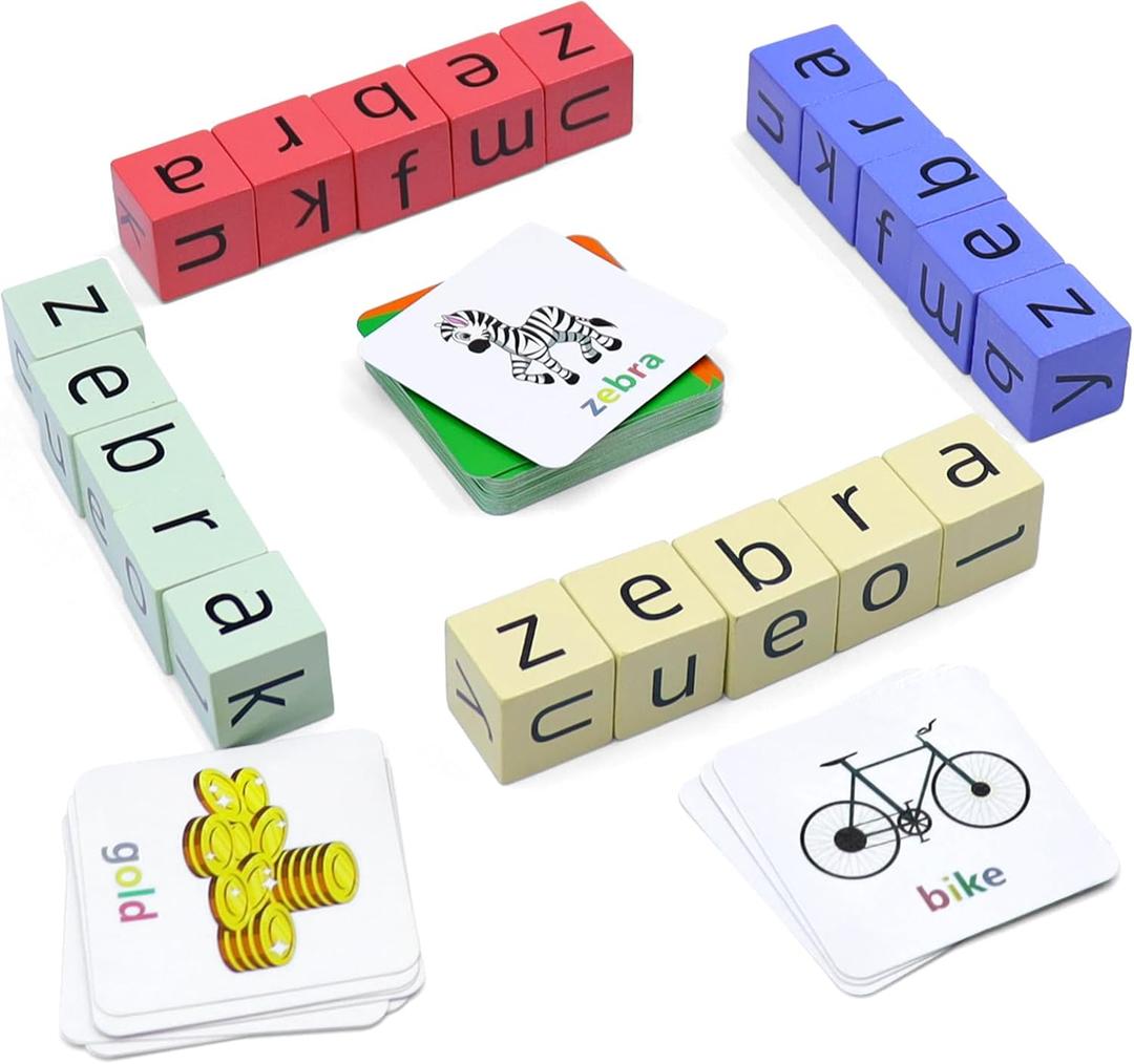 Word Spelling Games, Matching Letter Game for Kids, 20 Wooden Alphabet Blocks with 54 Flashcards, Preschool Learning Activities Toys, Montessori Educational Toys Gifts for Kids Ages 3-8