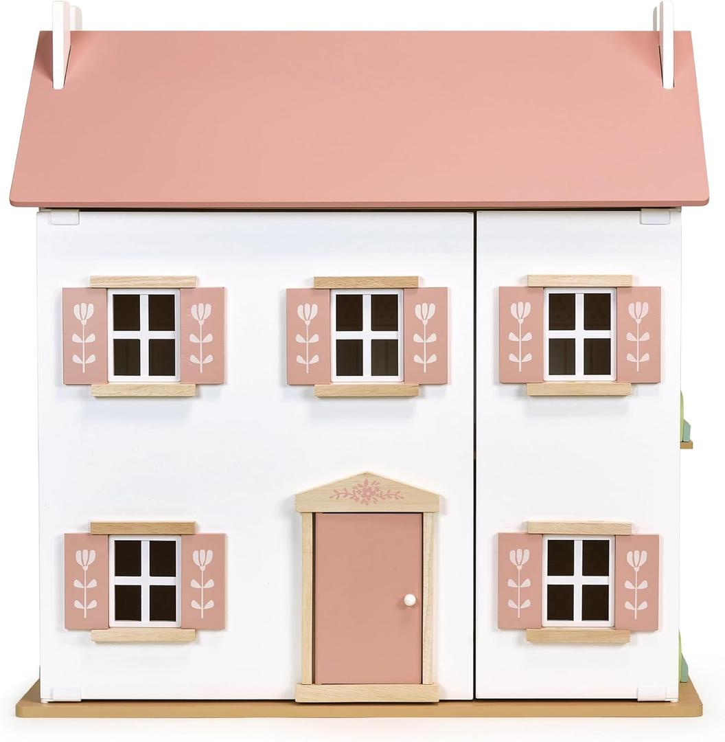 Mentari Toys - Clover Dollhouse - Large Stylish Wooden Dollhouse with 3 Levels, 6 Rooms, Swing-Open Panels and Removable Roof - Encourages Imaginative Play, Storytelling and Skill Development - Age 3+