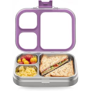 Stainless Steel Lunch Box: Metal Bento Box for Kids Adults - 3 Compartments Leak-Proof Lunch Box, Purple