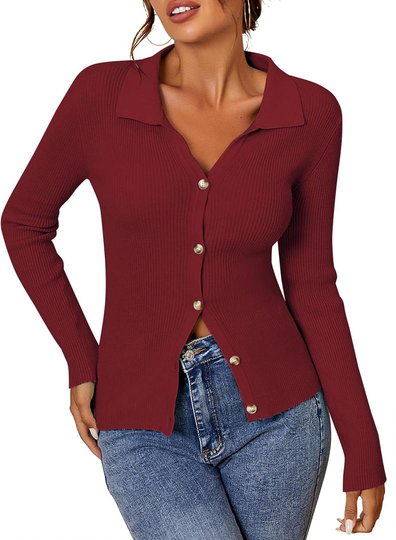 ZAFUL Women Long Sleeve Polo Sweater V Neck Button Down Ribbed Knit Cardigan Top (Red, XL)