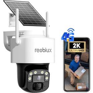 Reobiux 4G LTE Cellular Solar Security Cameras Wireless Outdoor, No WiFi Security Camera, 360 Live View, 2K Color Night Vision, PIR Detection, 2-Way Audio, Motion Alert, IP66, Built in SIM