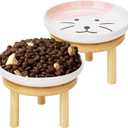 Shallow Elevated Cat Bowls with Bamboo Stand, 5.9 Inch Wide Ceramic Cat Dish Whisker Friendly, 2 Pack Pet Food and Water Plates